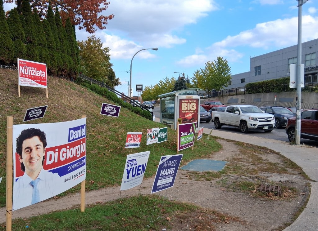 Election campaign signs at intersection of Jane St. and St. Clair Ave.